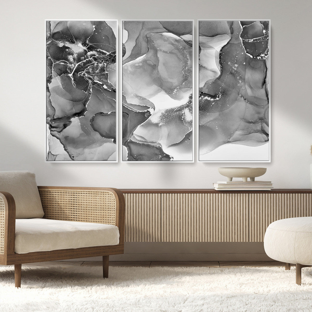 Black White Abstract Canvas Wall Art - Fluid Ink Artwork -