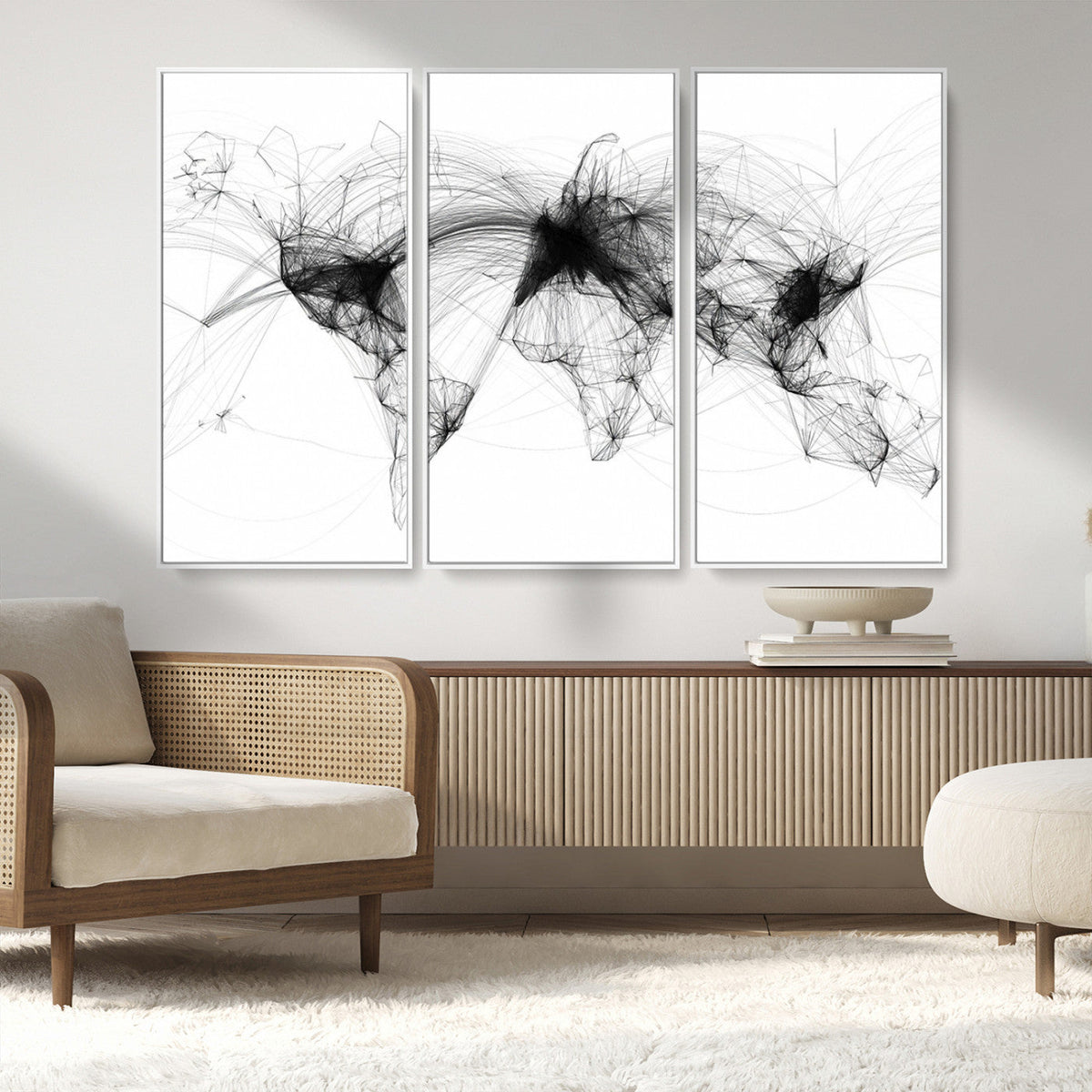 Abstract World Map Wall Art – Framed Geometric Line Canvas
