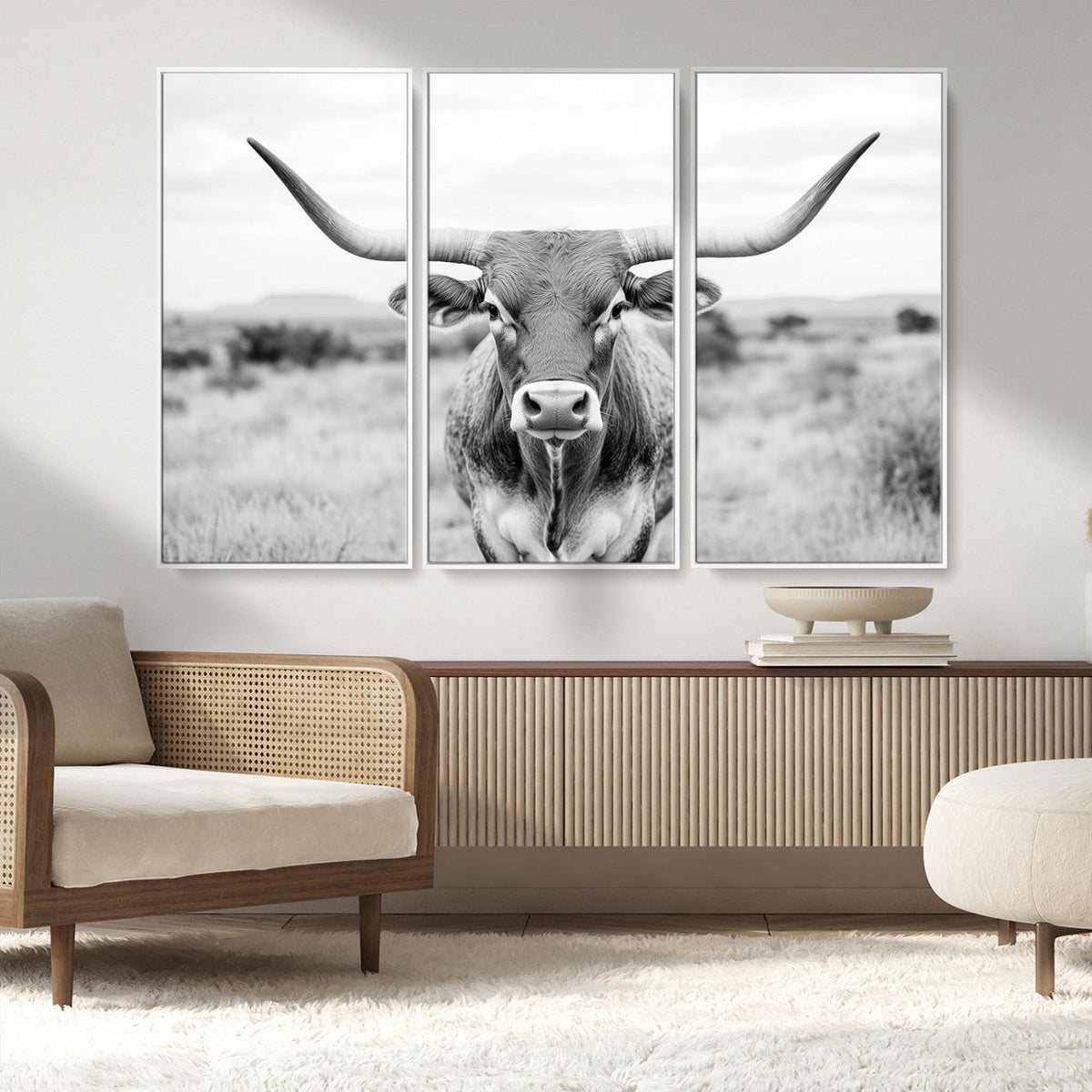 Highland Cow Wall Art Canvas Print – Black and White Western