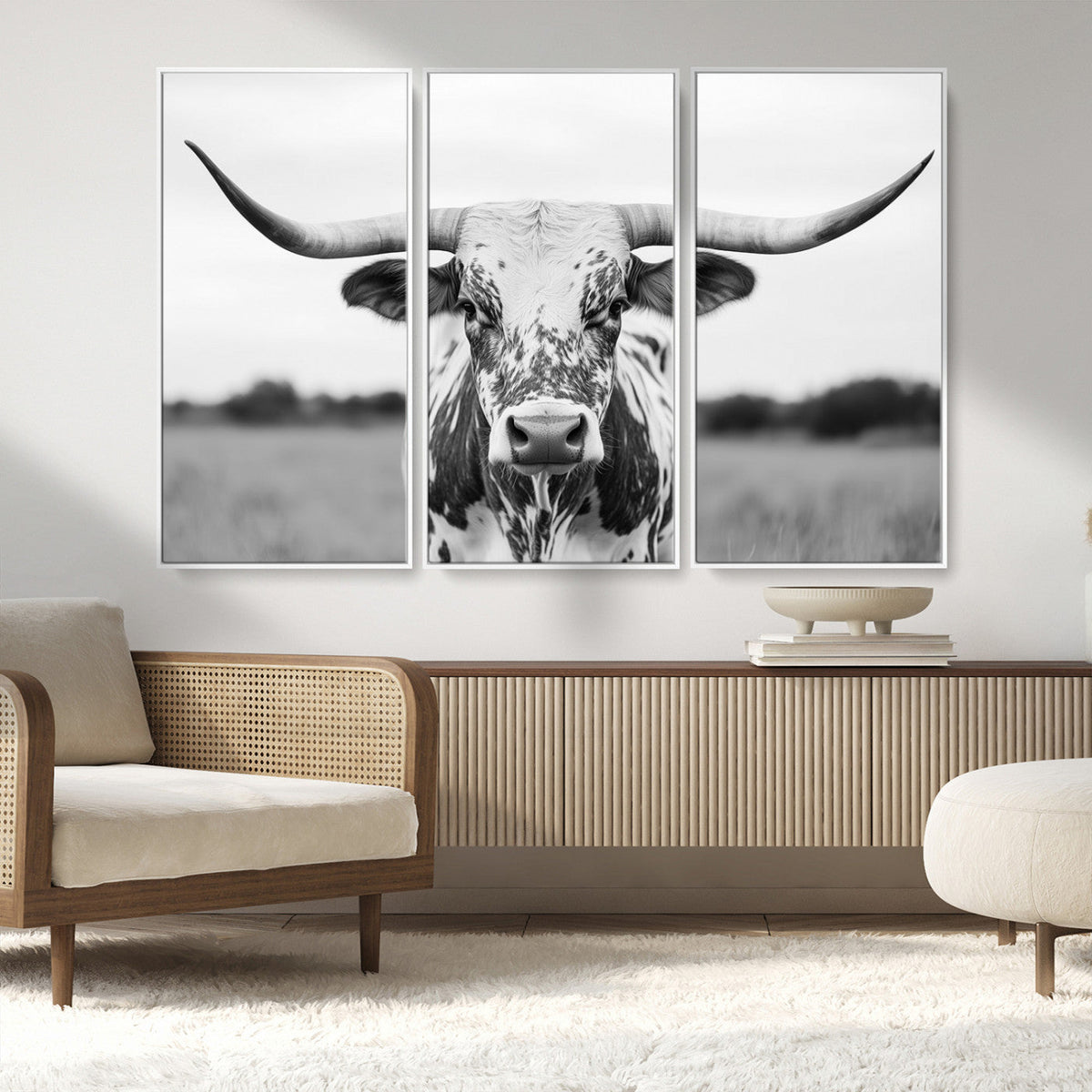 Highland Cow Wall Art Canvas Print – Black and White Western