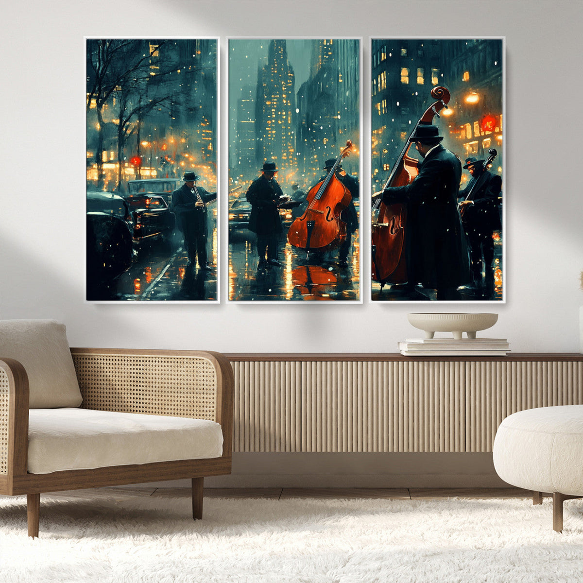 Urban Night Jazz Wall Art Canvas Print – Moody Rain-Soaked
