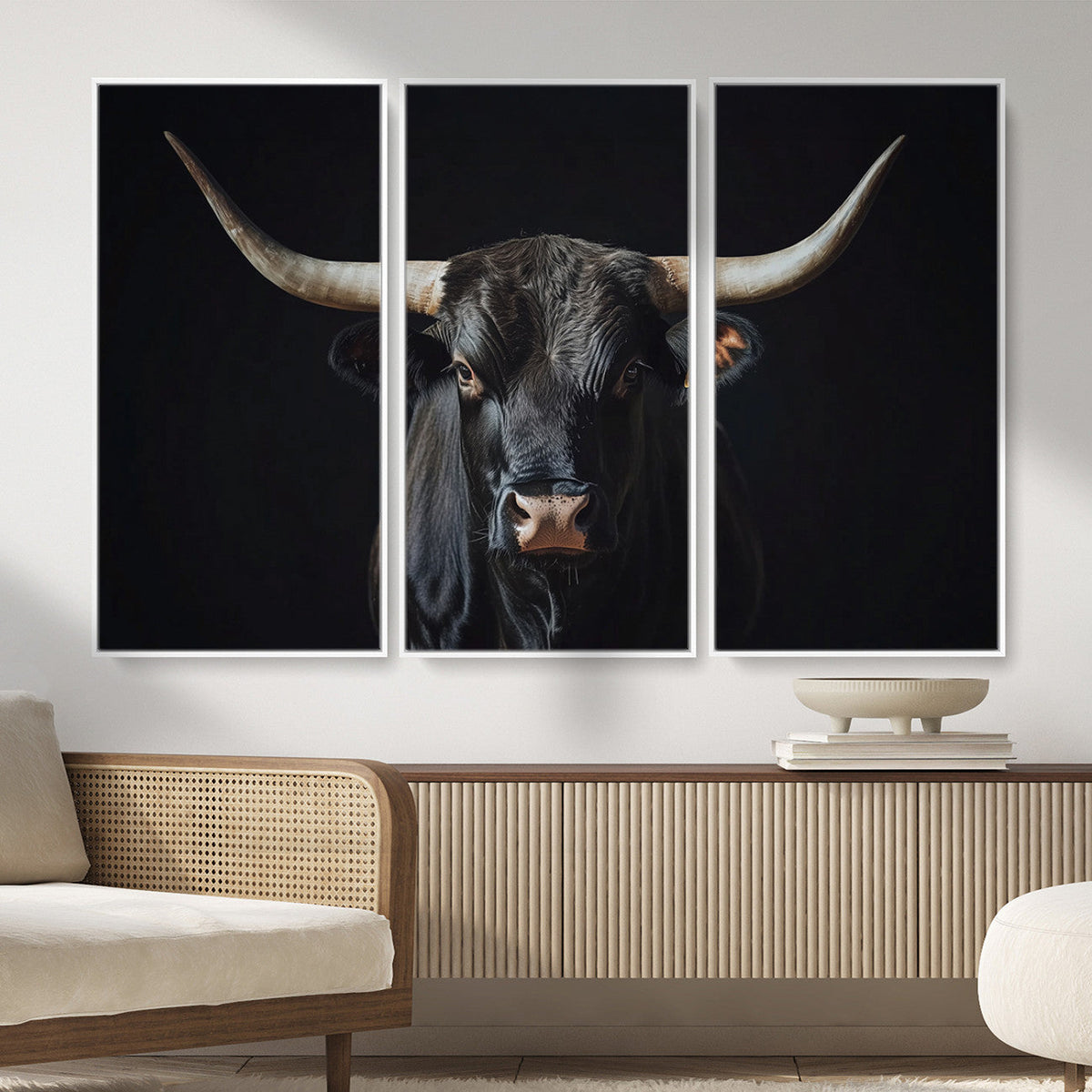 Majestic Longhorn Bull Wall Art Canvas Print – Dark