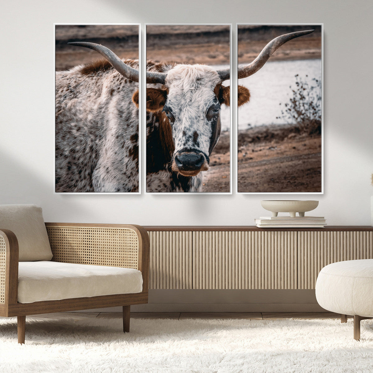 Texas Longhorn Wall Art Canvas Print – Framed Spotted Bull