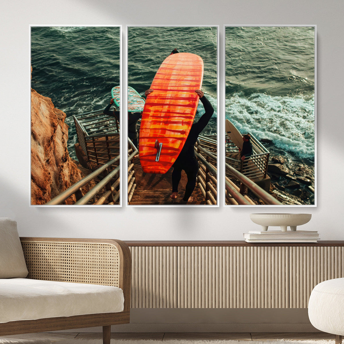 Surfer Stairway Wall Art – Framed Ocean Surf Canvas Artwork,