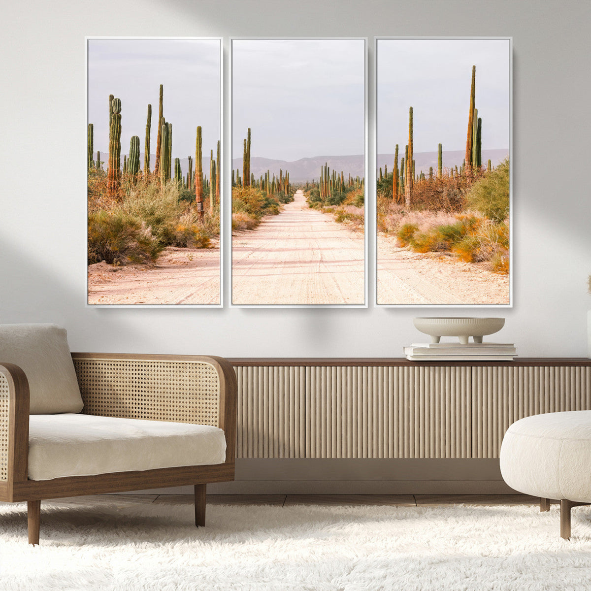 Desert Cactus Lined Road Wall Art Canvas Print – Framed