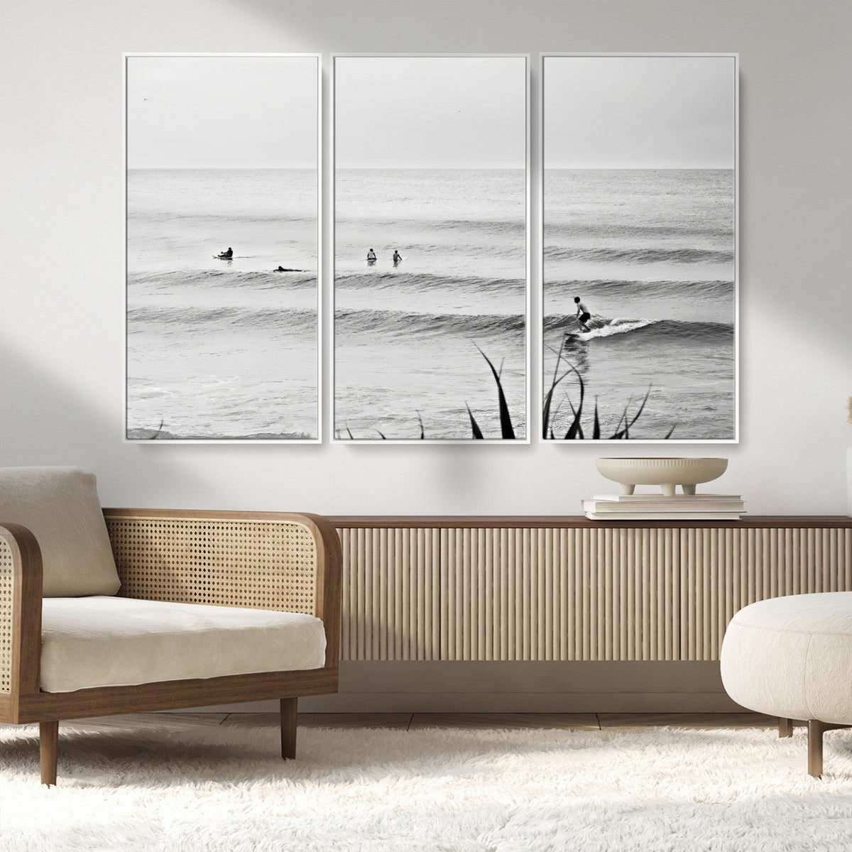 Surfer Silhouette Wall Art – Framed Calm Ocean Canvas