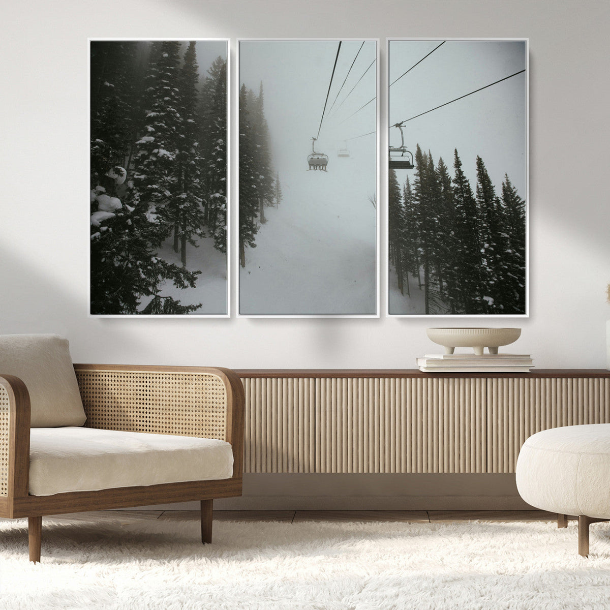 Ski Lift Wall Art Canvas Print – Snowy Pines Misty Landscape