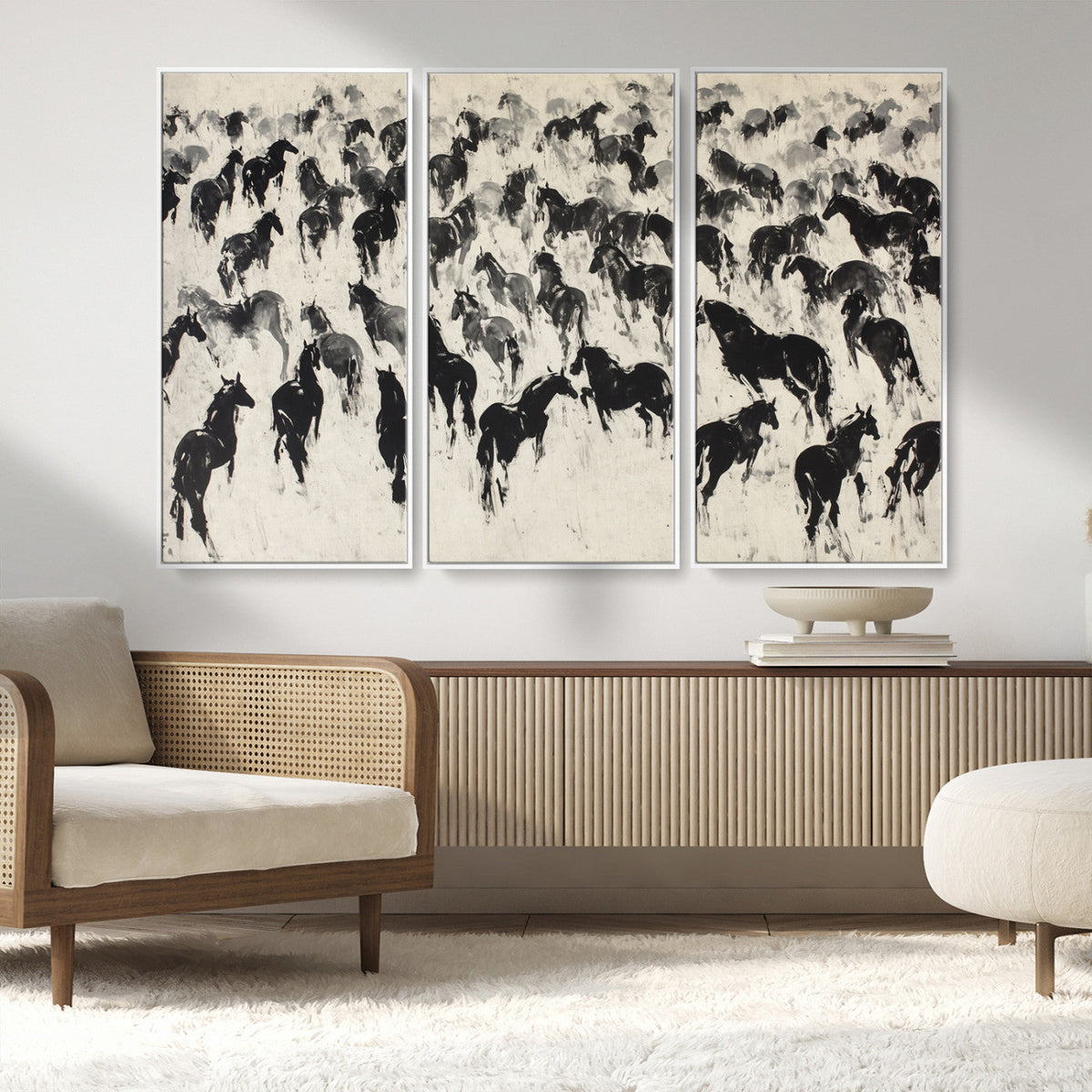 Wild Horse Stampede Wall Art Canvas Print – Monochrome