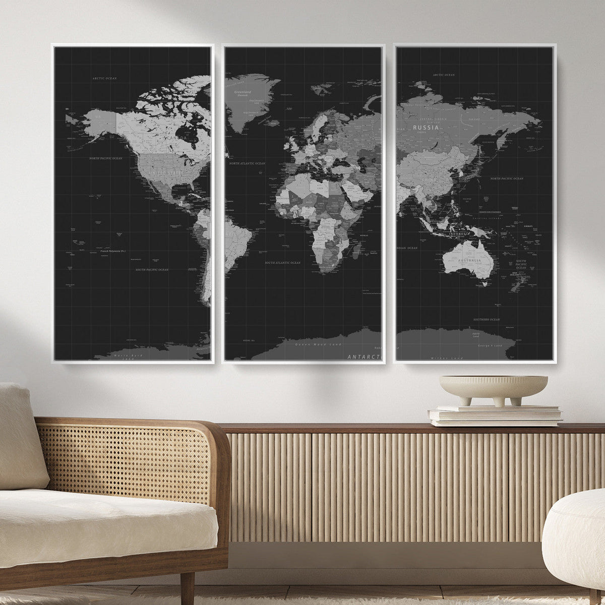Black World Map Wall Art Canvas Print – Detailed Map of the