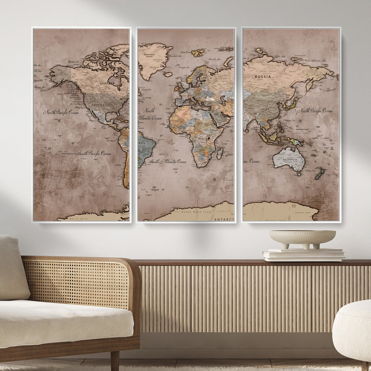 Grunge World Map Canvas Wall Art - Vintage Aged World Map