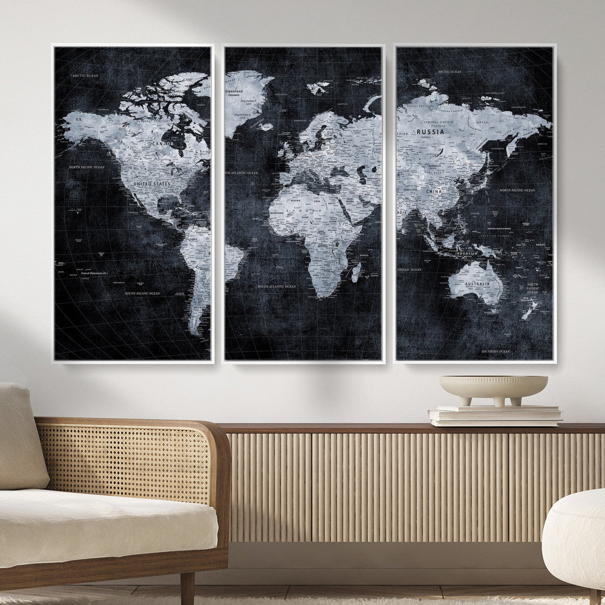 Black World Map Canvas Print – Detailed Map for Couples and