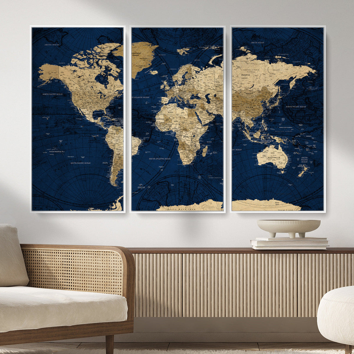 Navy Blue World Map Canvas Print – Detailed Map Minimal Navy