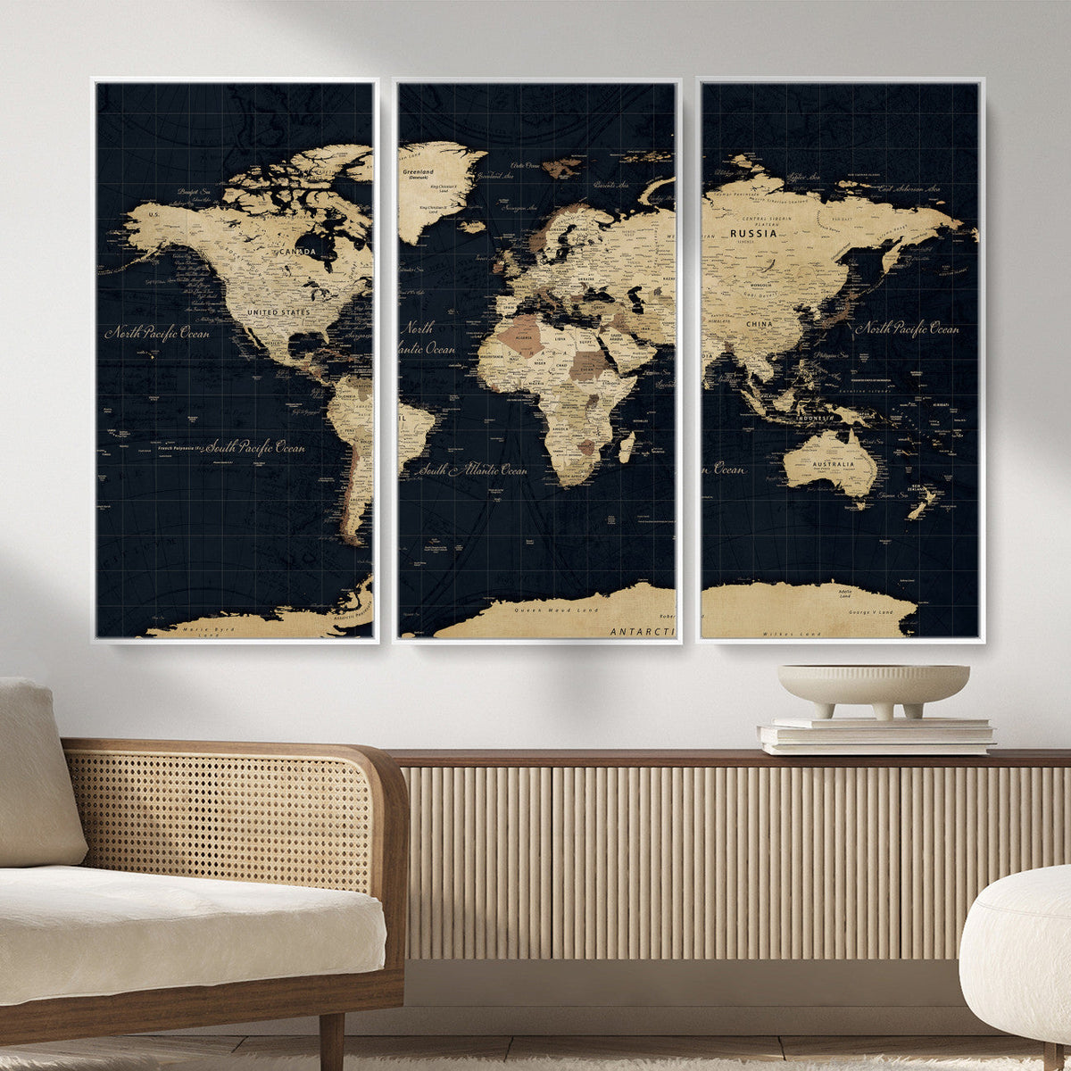 Dark World Map Canvas Wall Art Print, Minimal Black and Gold