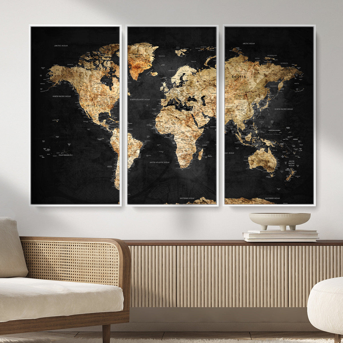 World Map Canvas Wall Art with Famous Landmarks – Framed
