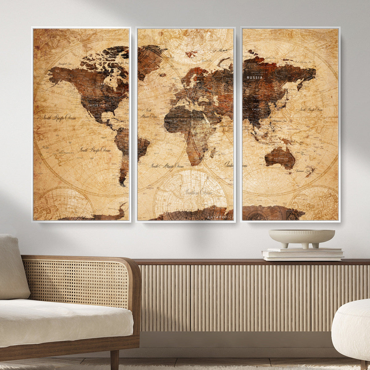 Modern Red and Gray World Map Canvas Print – Framed Wall Art