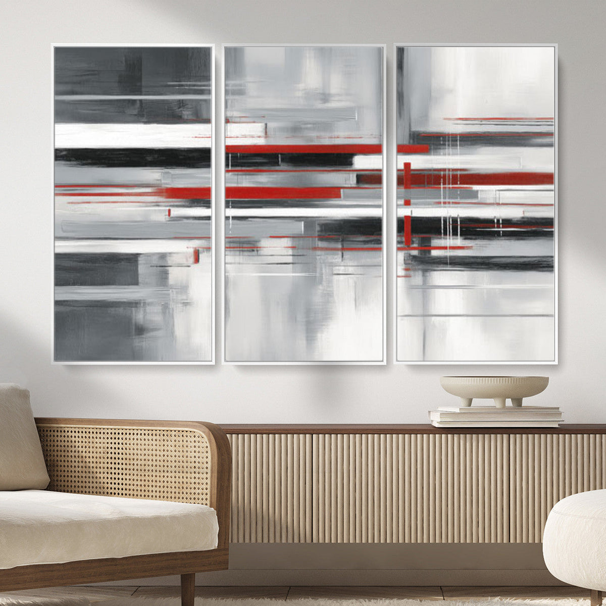 Gray Red Abstract Wall Art Canvas Print, Modern Abstract