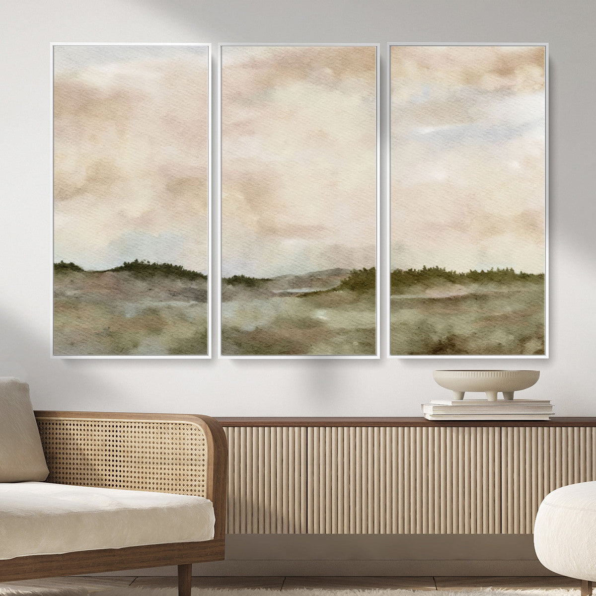 Muted Watercolor Hill Landscape Print — Beige Taupe Cloudy