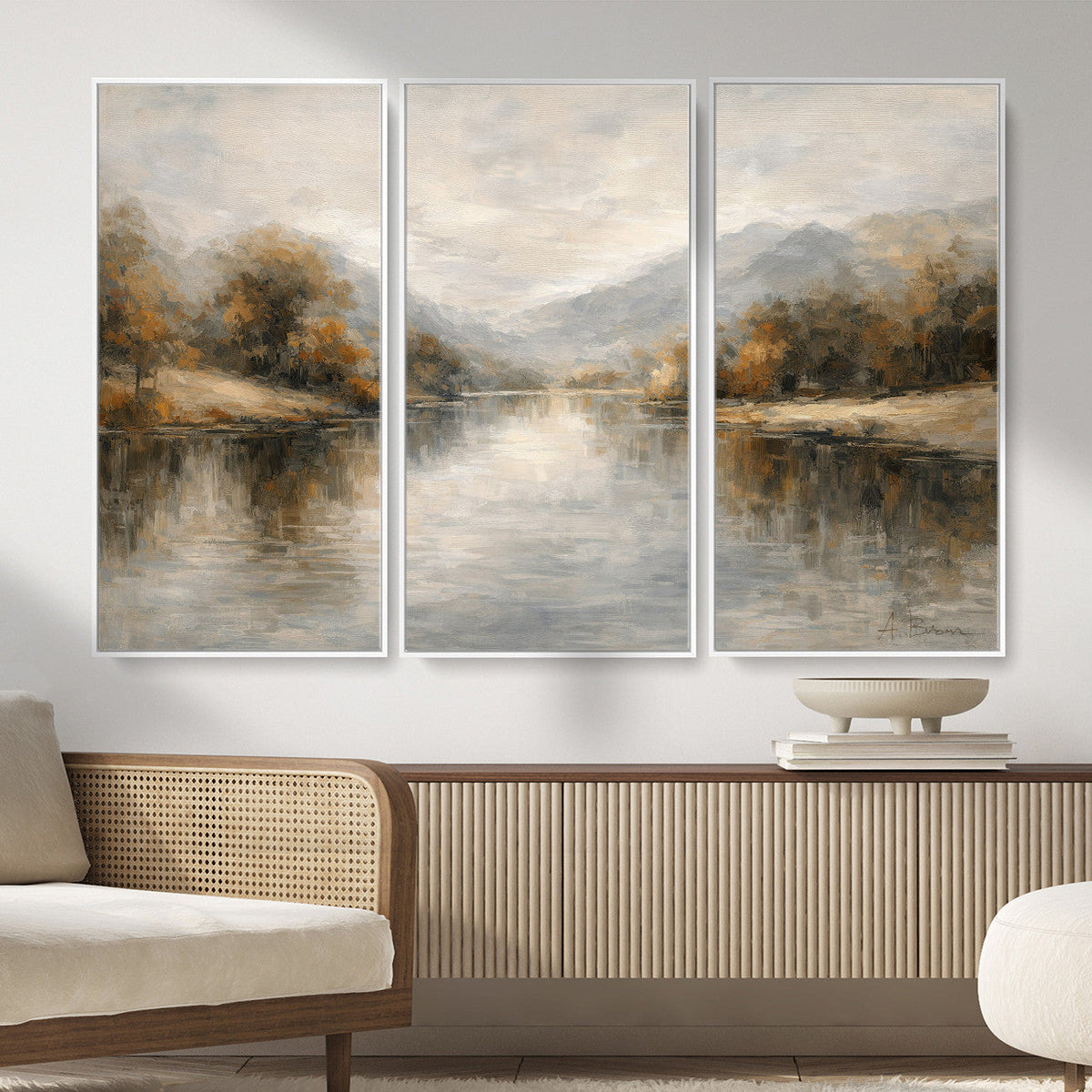 Neutral Abstract River Landscape Wall Art Canvas Print