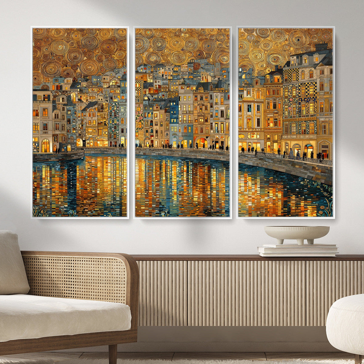 Gustav Klimt Golden Cityscape Wall Art Canvas Print, Framed