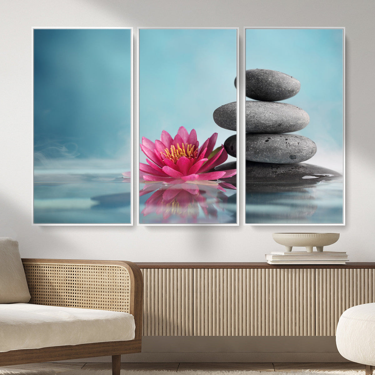 Zen Canvas Wall Art Lotus Flower Stacked Stones Teal Spa