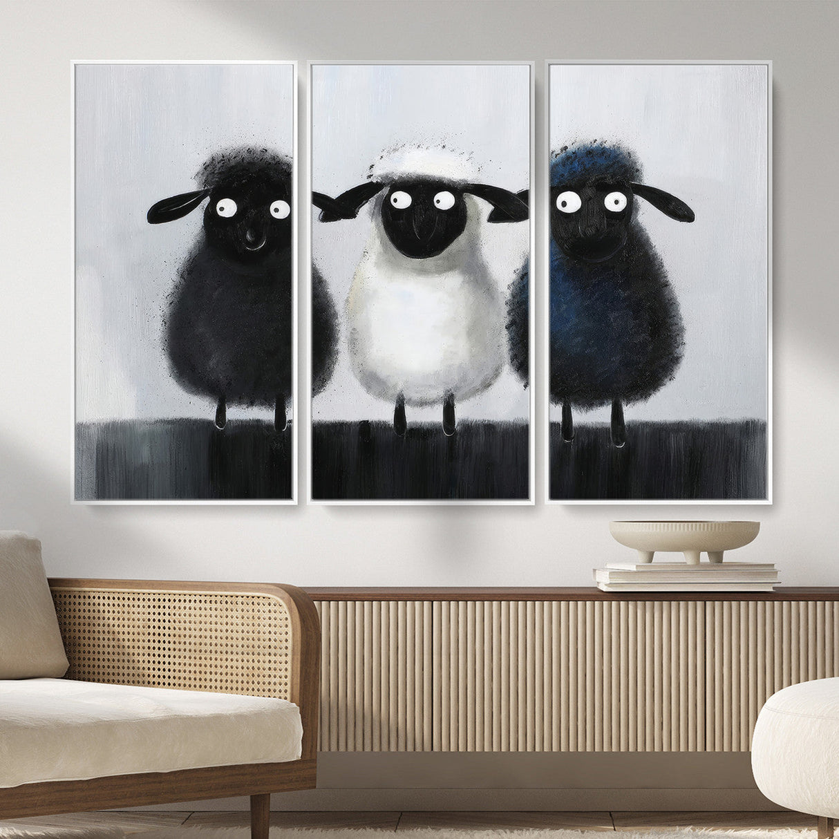Funny Sheep Canvas Wall Art, Three Quirky Sheep Painting Print, Cute Animal Nursery Decor, Black White Navy Farmhouse Art, Kids Room Gift