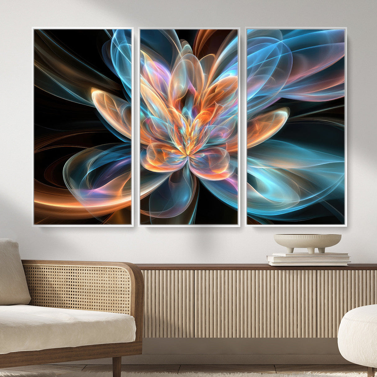 Fractal Lotus Canvas Wall Art, Blue Orange Glowing Flower Abstract Print, Modern Zen Meditation Room Decor, Ethereal Digital Art, Living Room