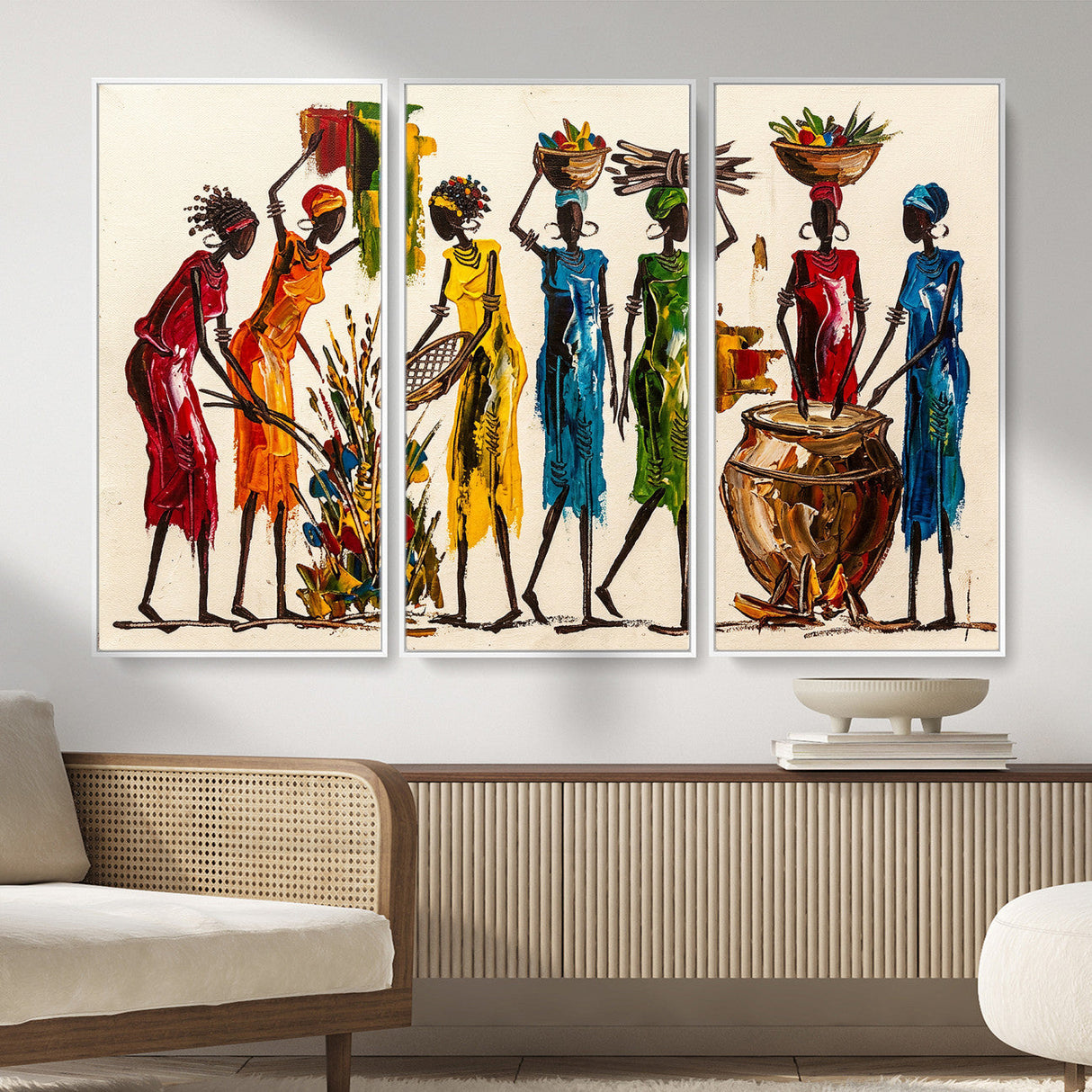 African Folk Art Canvas Wall Art, Colorful African Women Village Painting Print, Tribal Ethnic Home Decor, Vibrant African Art, Living Room