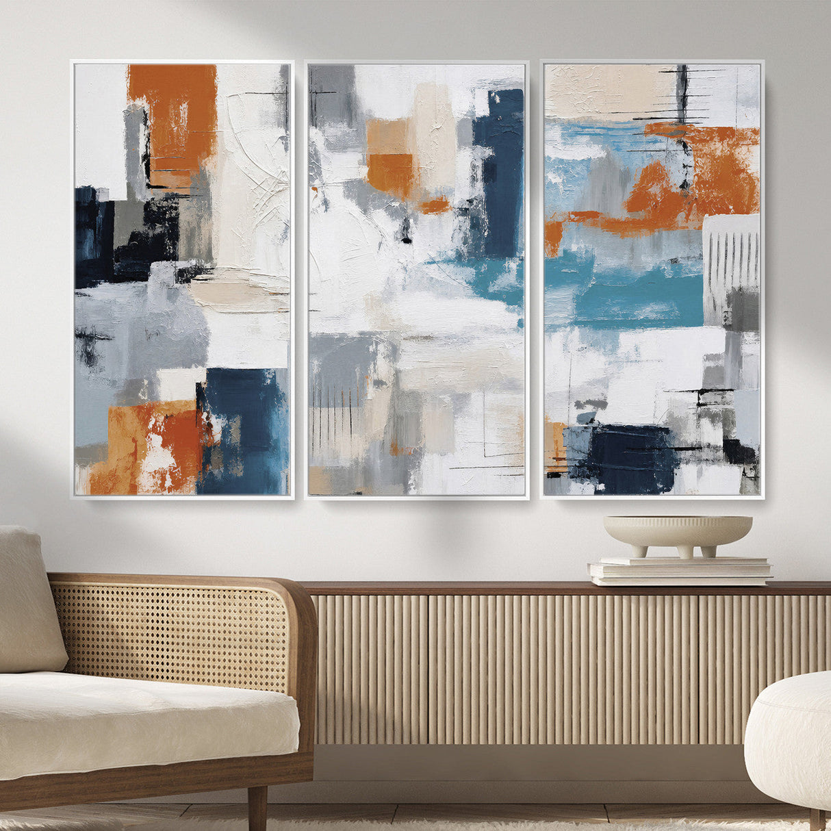 Blue Teal Abstract Canvas Wall Art, Modern Textured Painting Print, Navy Orange White Contemporary Art, Neutral Living Room Decor, Office Art