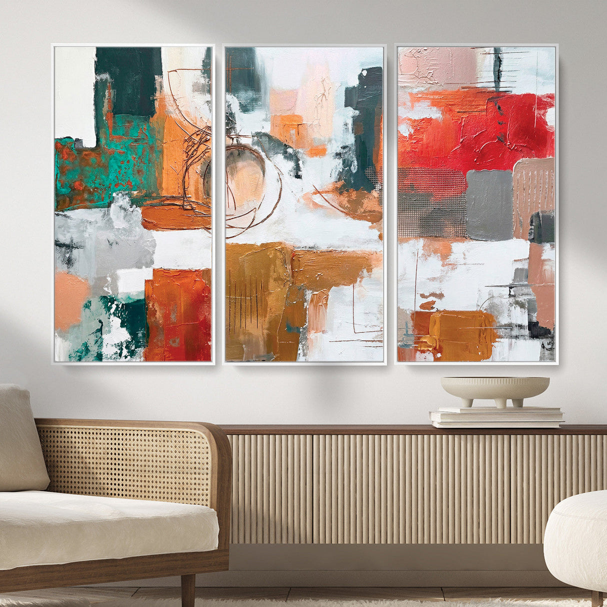 Blue Teal Abstract Canvas Wall Art, Modern Textured Painting Print, Navy Orange White Contemporary Art, Neutral Living Room Decor, Office Art