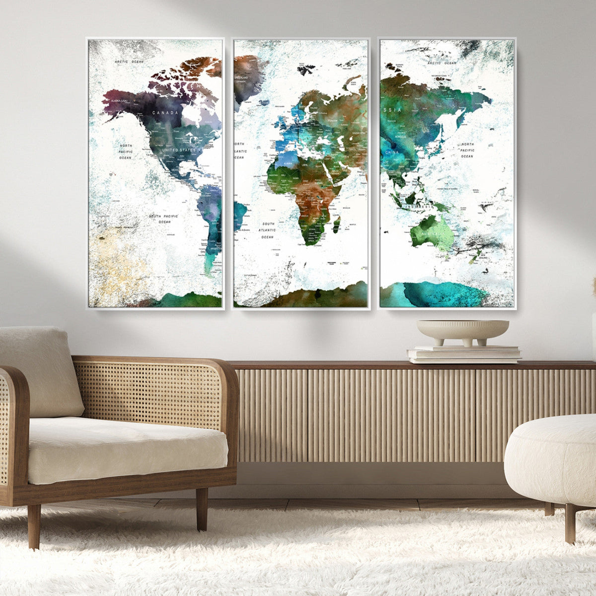 Modern Watercolor World Map Canvas Wall Art – Framed