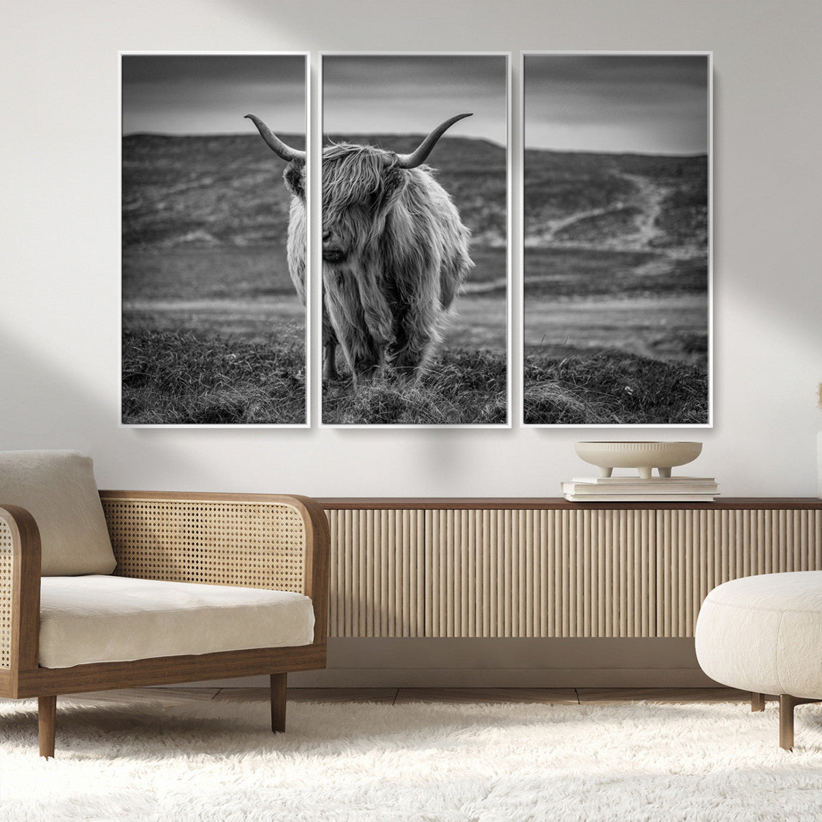 Fluffy Cattle Wall Art Print, Highland Cow Canvas, Framed