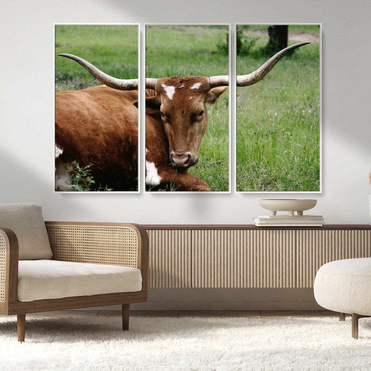 Longhorn Steer Canvas Wall Art – Rustic Nature Triptych
