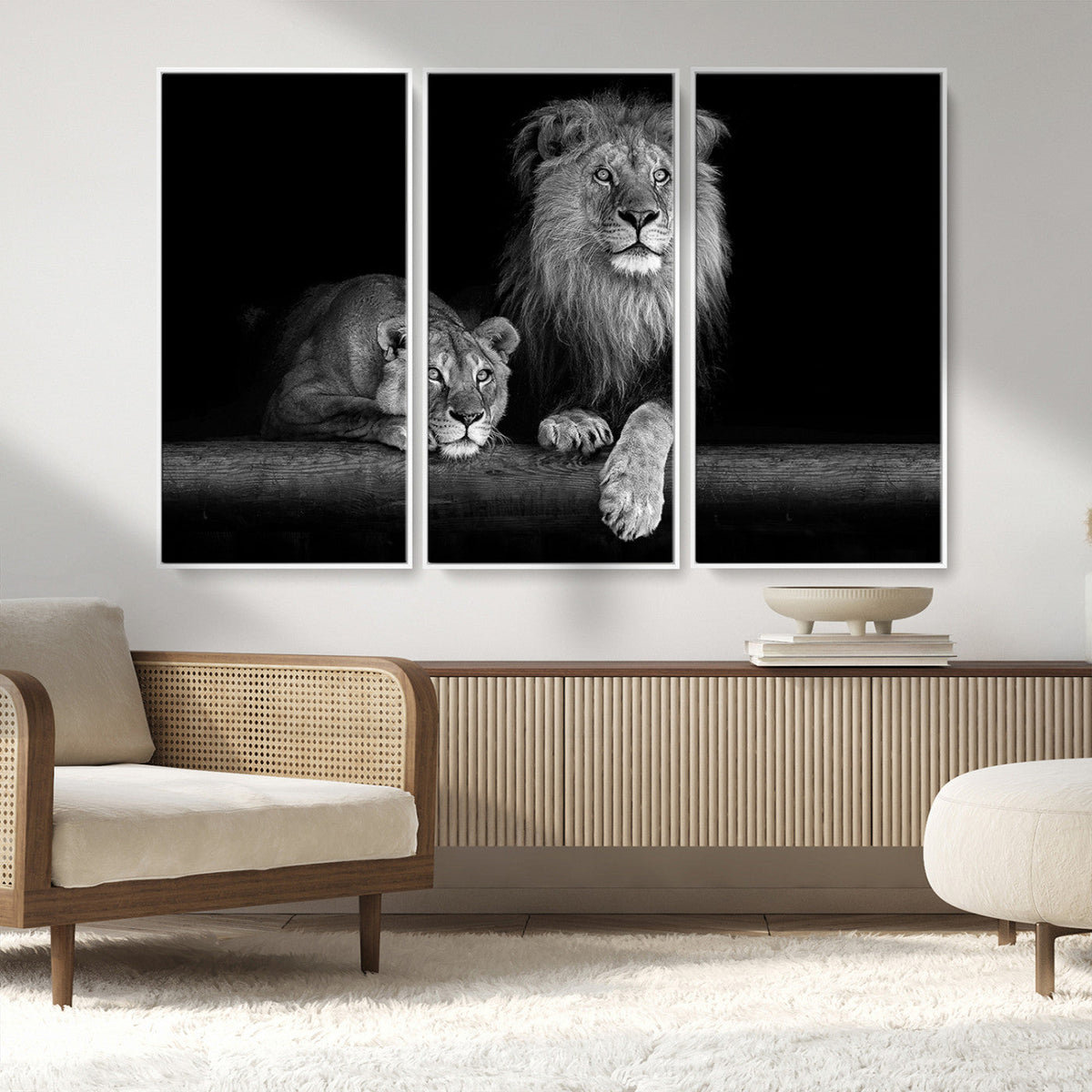Large Black and White Lion Couple Wall Art Canvas Print –