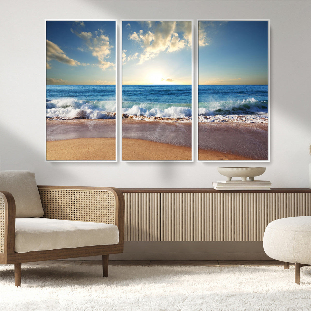 Serene Ocean Sunset Canvas Wall Art - Beach Waves at Sunset,