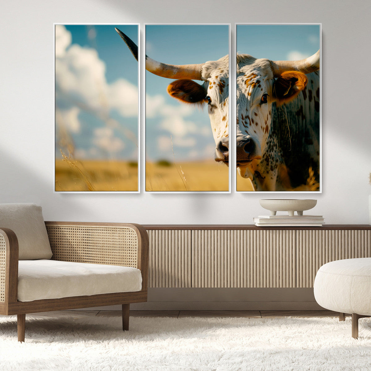 Longhorn in the Prairie - Stunning Ranch-Style Triptych Wall