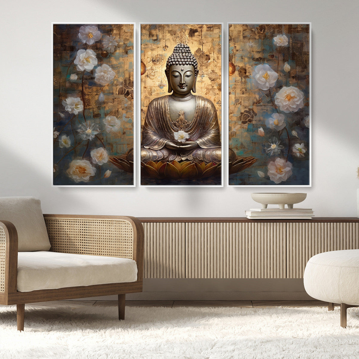 Golden Buddha Wall Art Canvas Print | Zen Meditation Floral