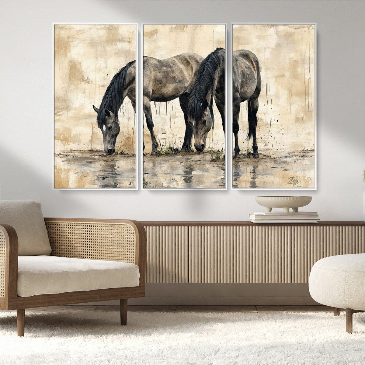 Chinese Style Abstract Black Horses Wall Art Canvas Print -