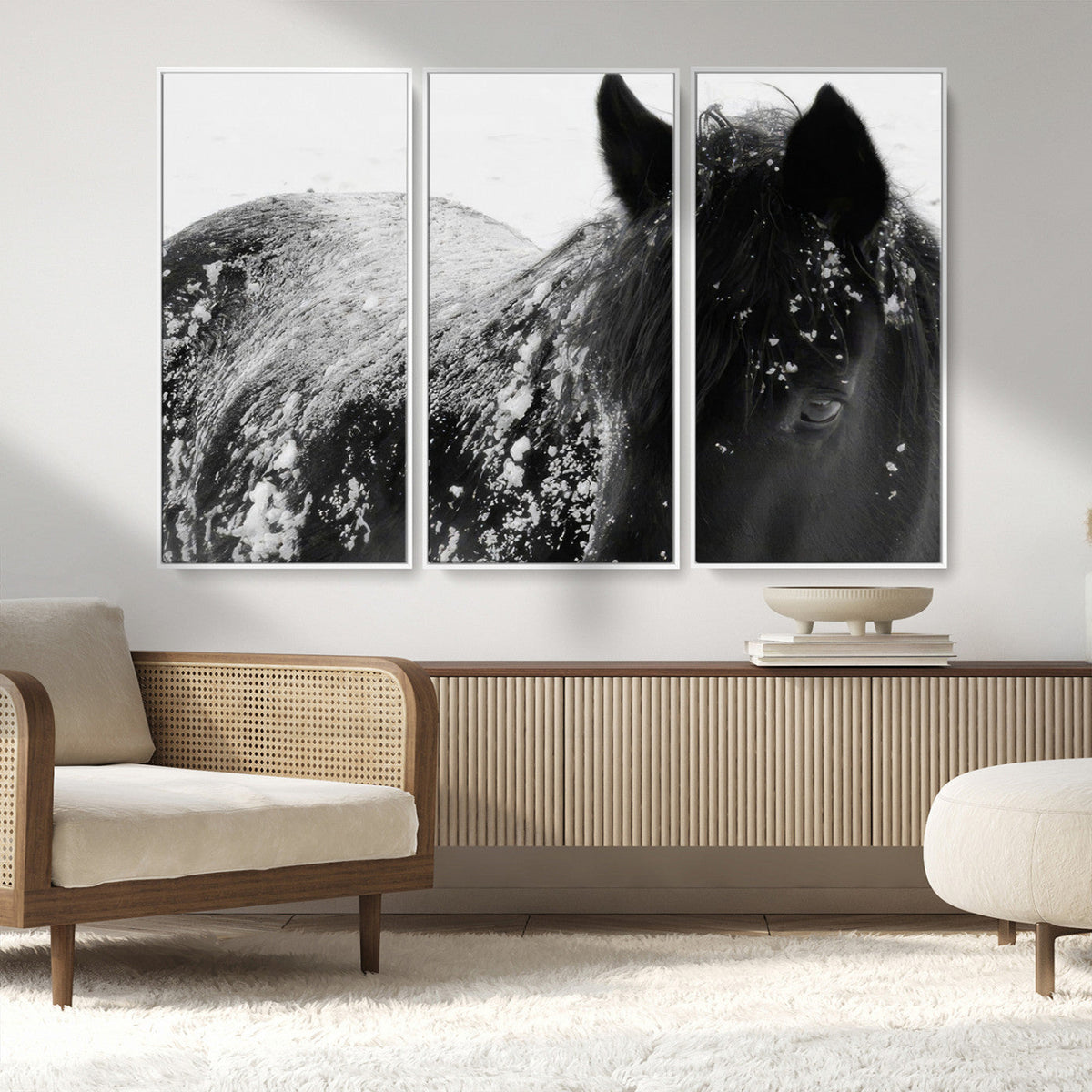 Black Horse in Snow Canvas Print | Winter Horse Wall Art |