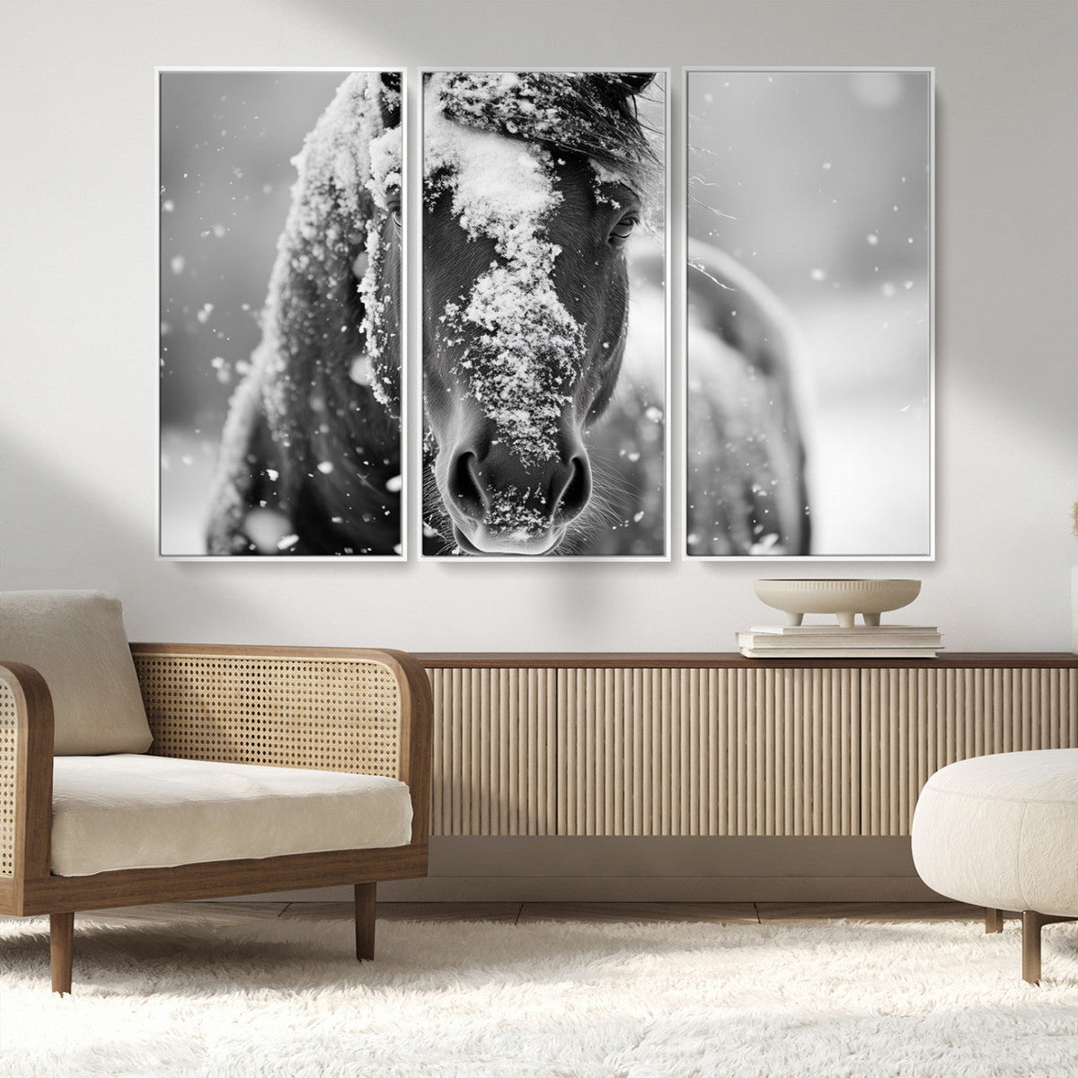 Black and White Horse Winter Wall Art | Ready to Hang and