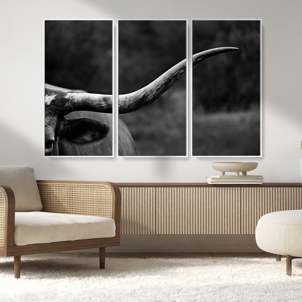 Cow Longhorn Wall Art | Black and White Print | Ready to