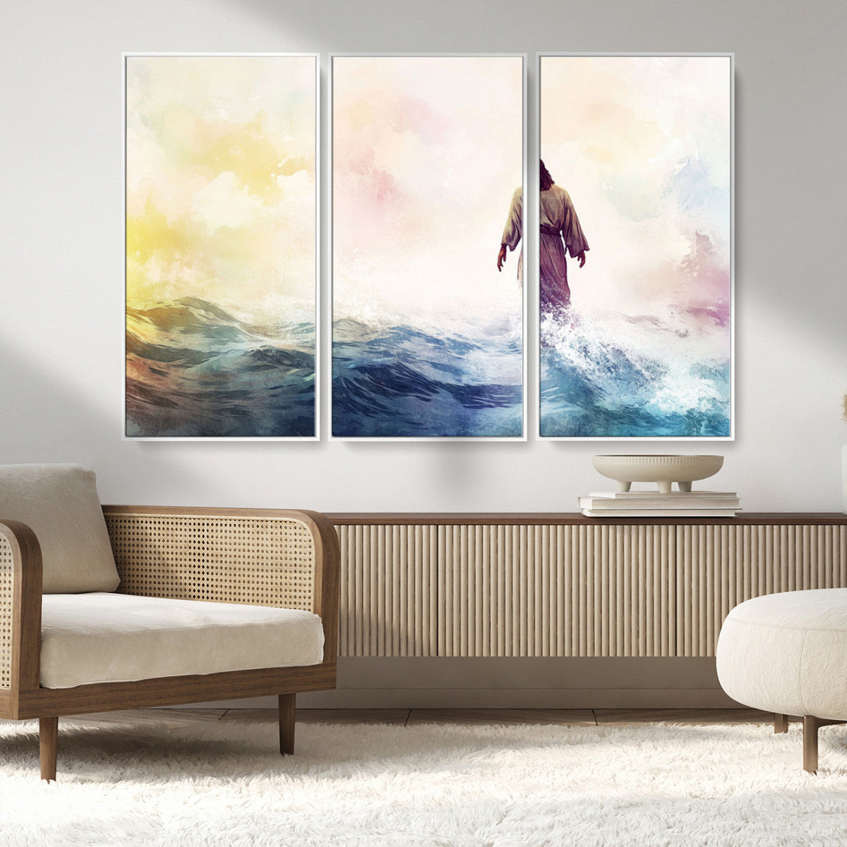 Watercolor Jesus Walking on Water Canvas Print, Christian