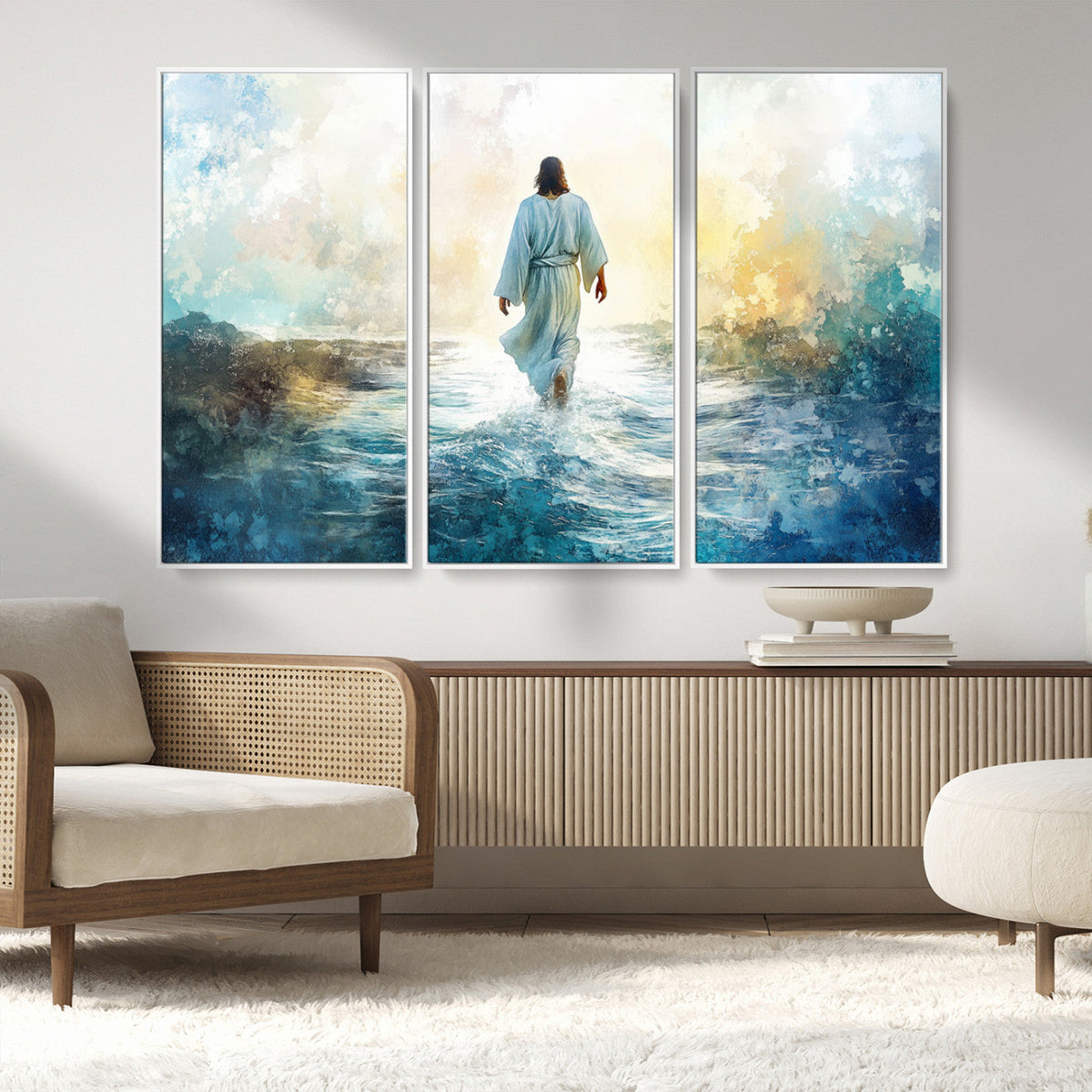 Watercolor Jesus Walking on Water Canvas Print, Christian