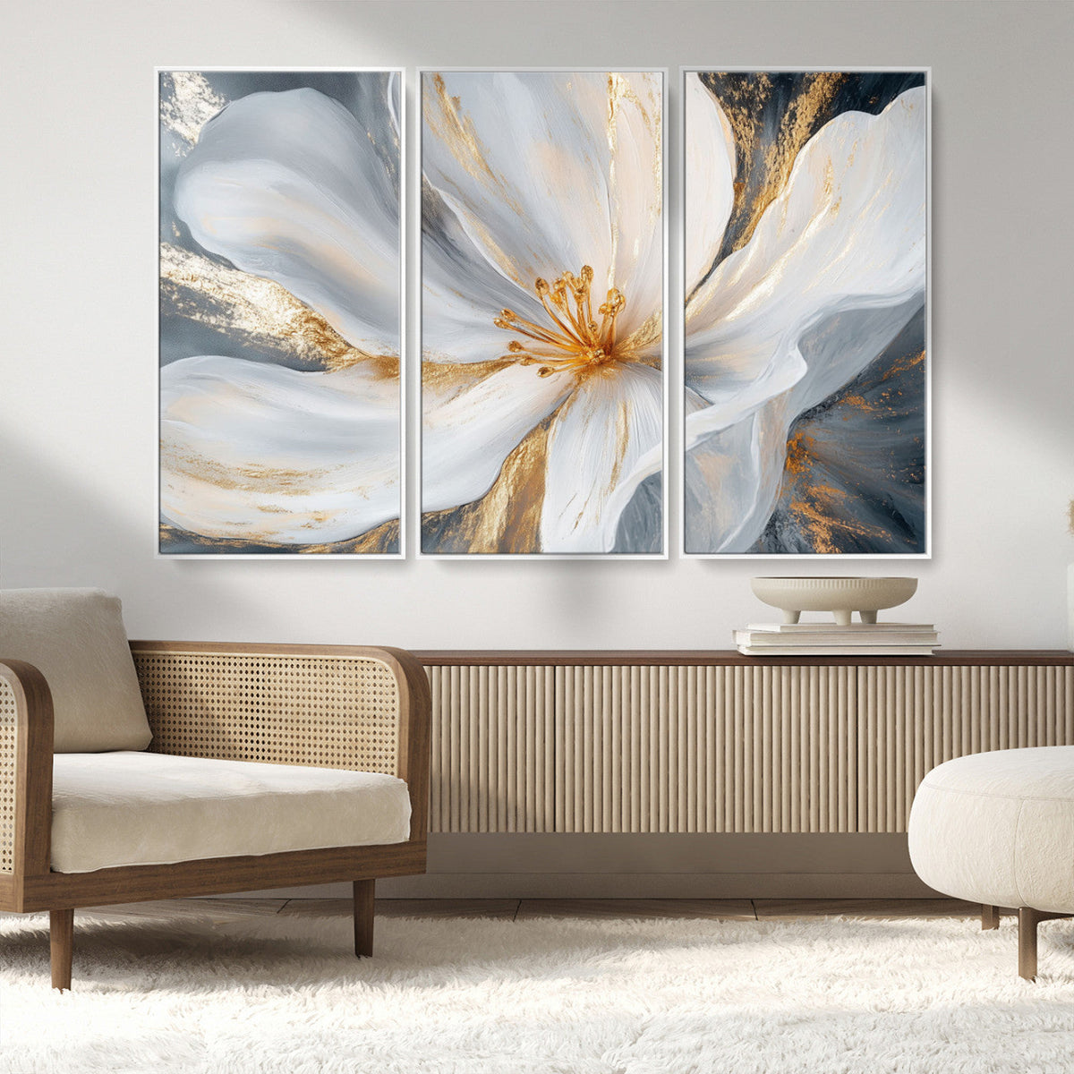 White and Gold Floral Canvas Wall Art - Framed and Ready to