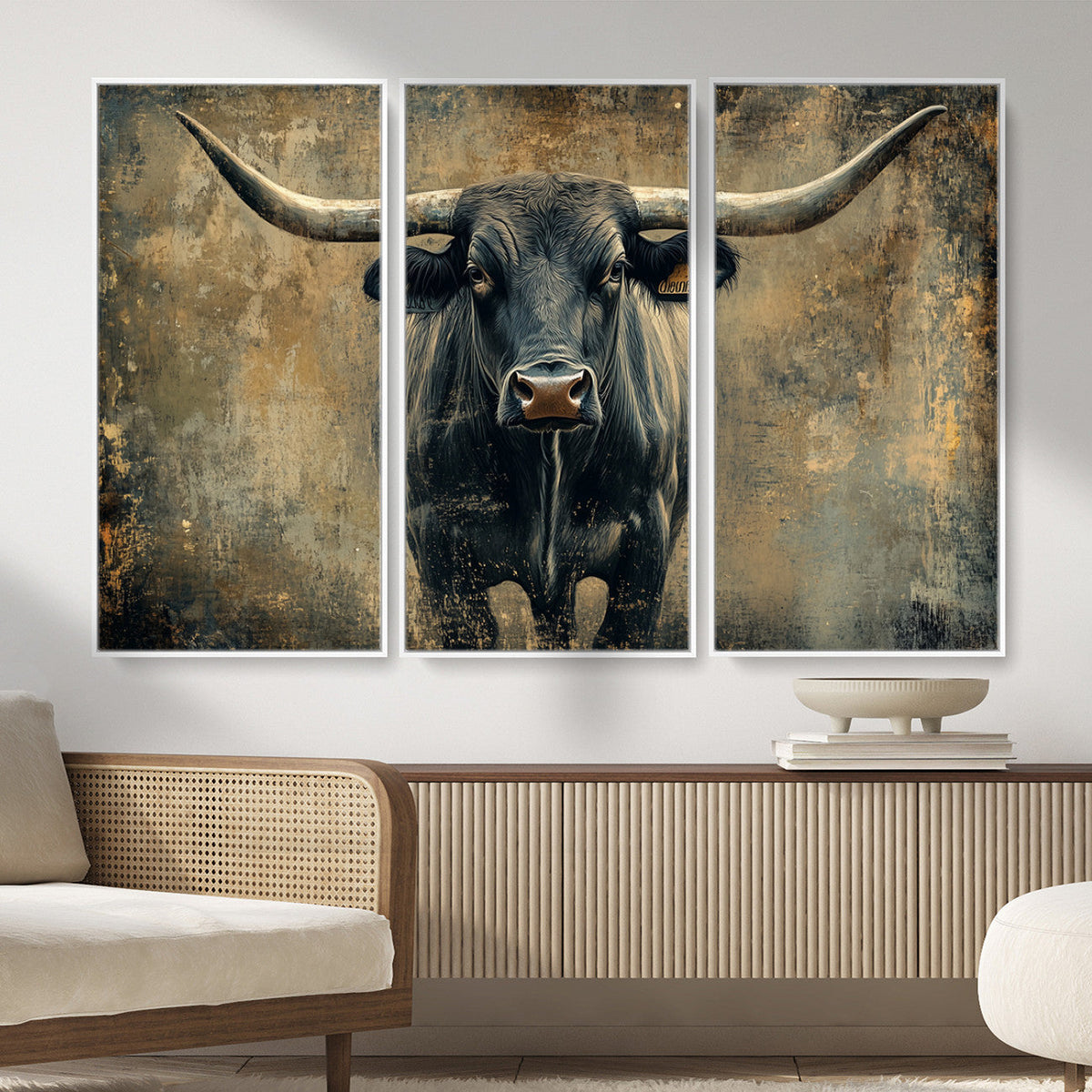Texas Longhorn Bull Wall Art – Framed Rustic Cow Canvas