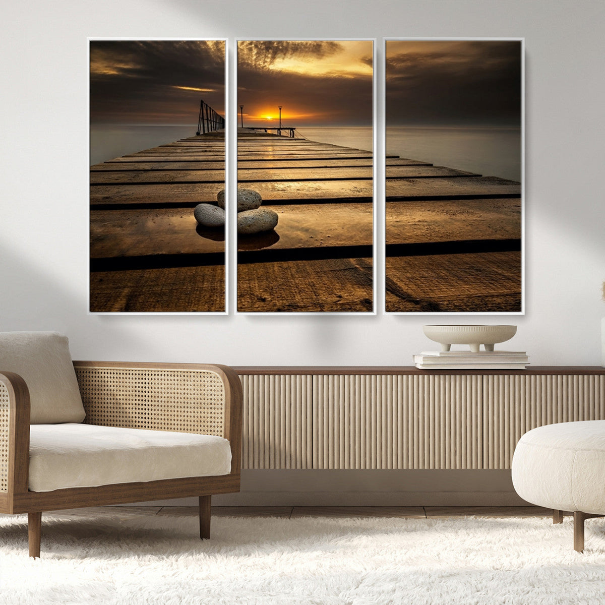 Stones on Wooden Pier at Sunset Canvas Print, Serene Coastal