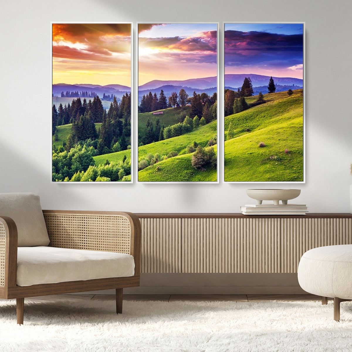 Green Hills and Sunset Wall Art Print - Scenic Landscape