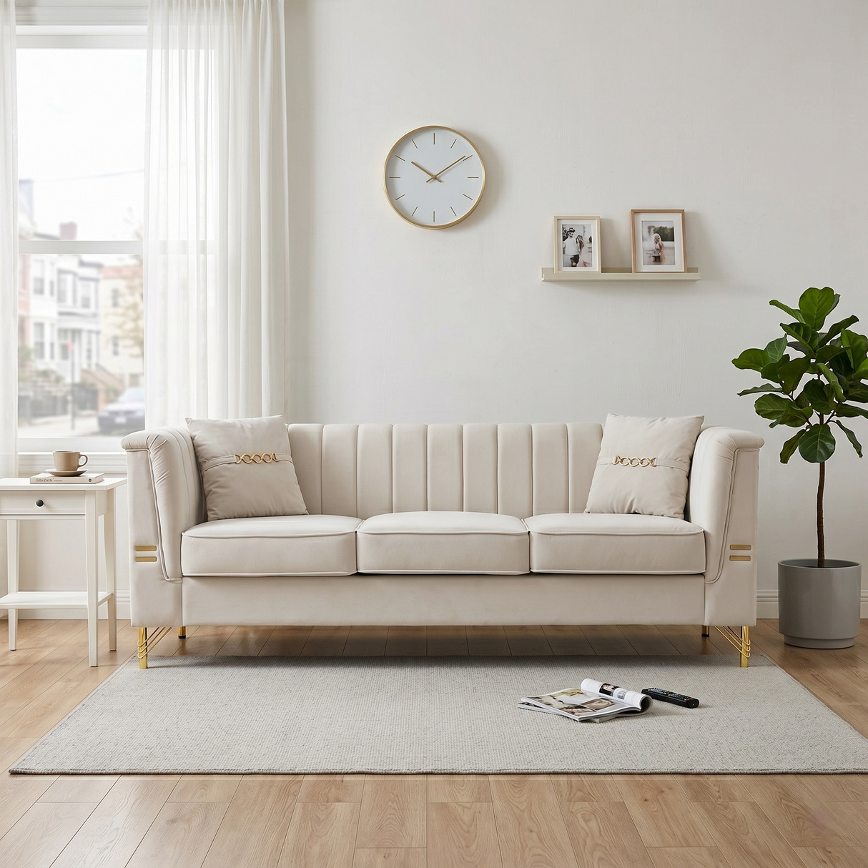 FX-P82-BE3 Modern Velvet 3-Seater Chesterfield Sofa with 2 Pillows