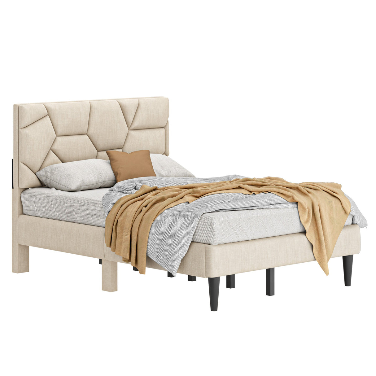 Beige Linen Full Bed Frame – Sturdy Platform Bed with Under-Bed Storage