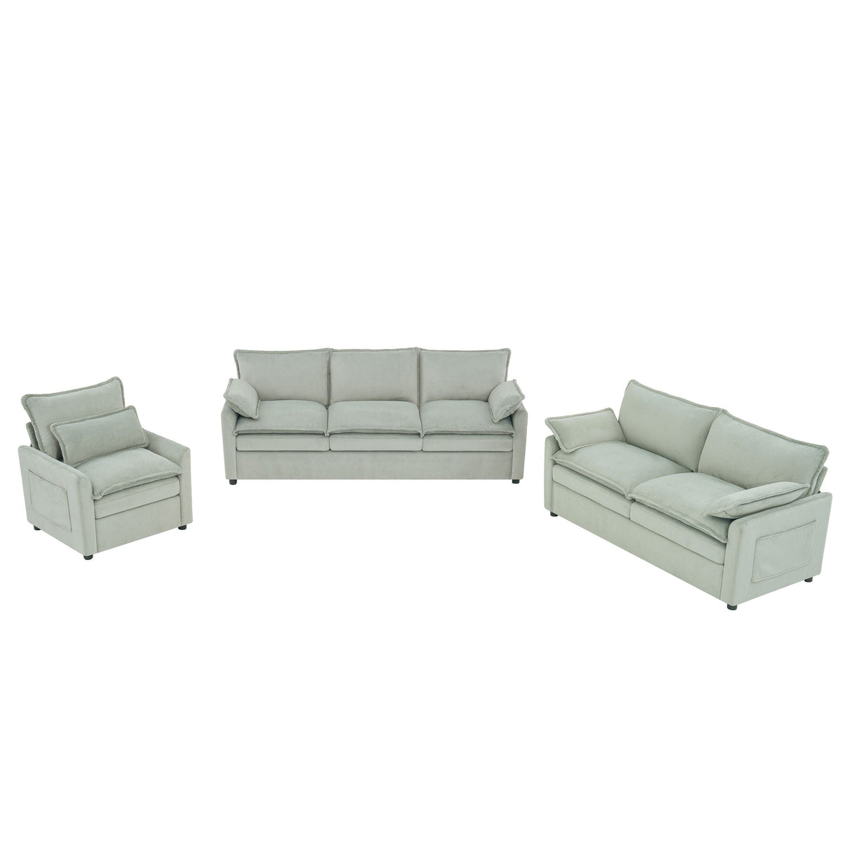 Modern Sofa Set With Double Layer Cushion And Side Storage Pockets