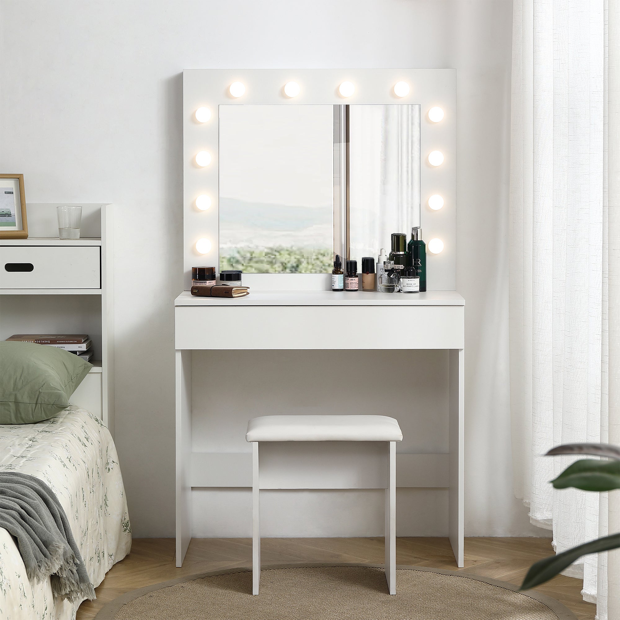 Vanity-table-with-large-lighted-mirror,-makeup-vanity-dressing-table-with-drawer,-1pc-upholstered-stool-,12-light-bulbs-and-adjustable-brightness,-white-color-VANITY